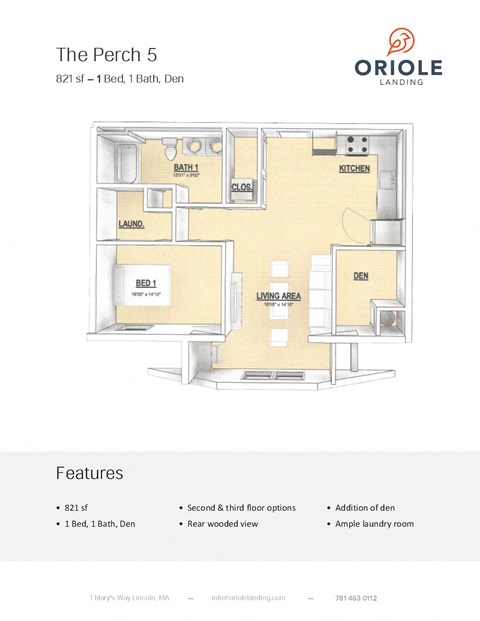 1 bedroom 1 bathroom floor plan C at Oriole Landing, Lincoln, Massachusetts